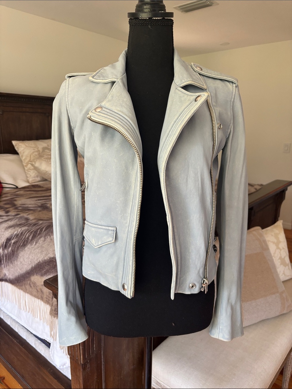 IRO Pale Blue Leather Moto Jacket